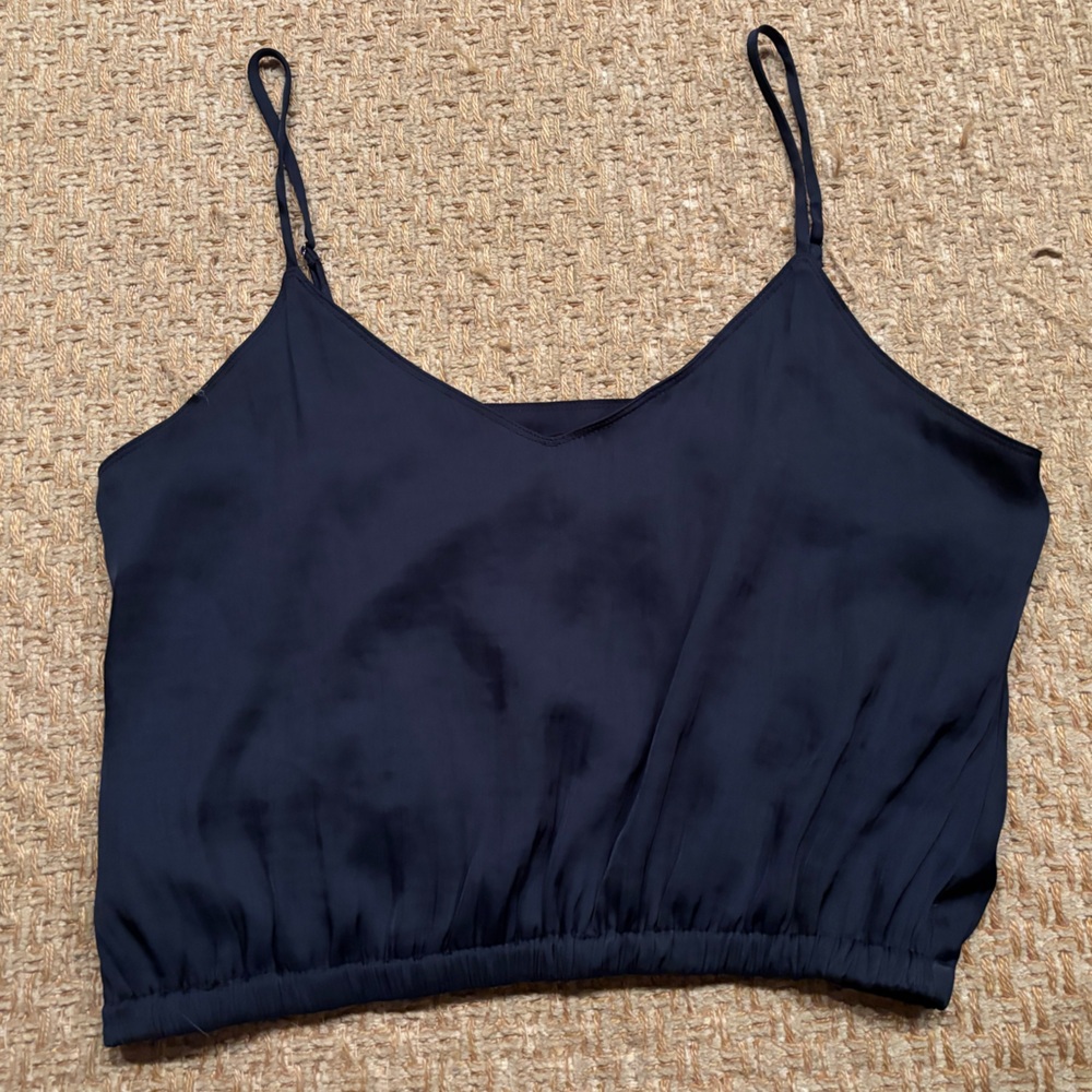 Navy Satin Cropped Cami Top – Minimalist Silky Tank